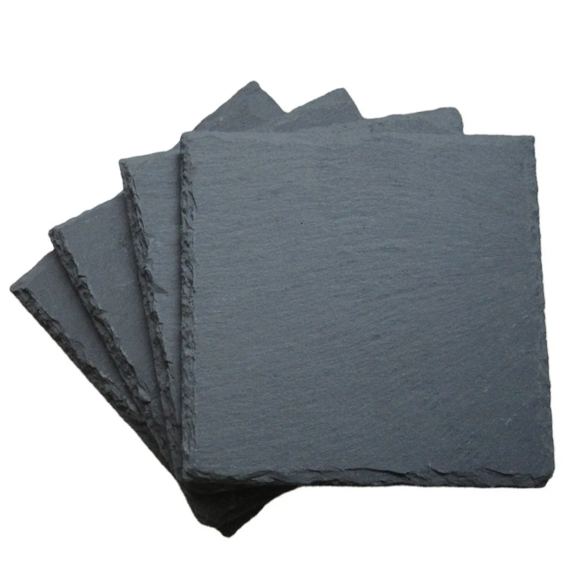 Four square natural slate coasters with hand-split edges, fanned out
