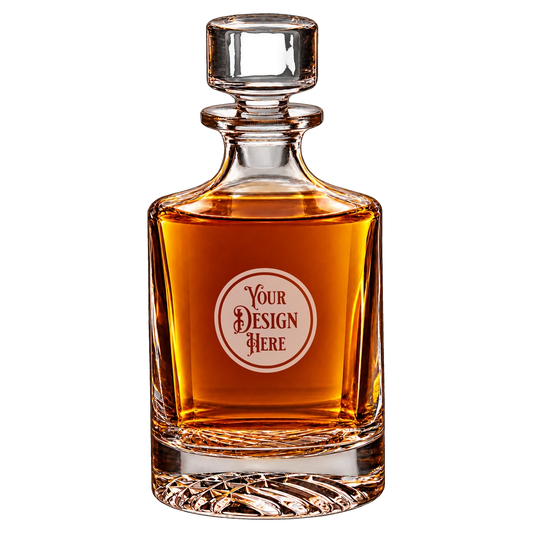 850 ml Round Glass Decanter, laser engraved with a sample Your Design Here seal
