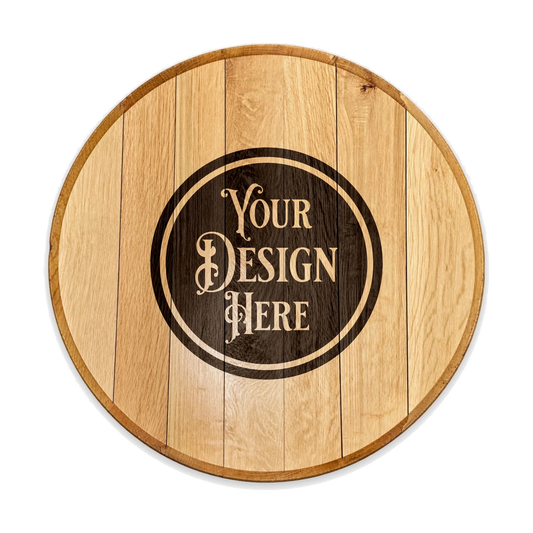 Bourbon Barrel Head, laser engraved with a sample Your Design Here seal