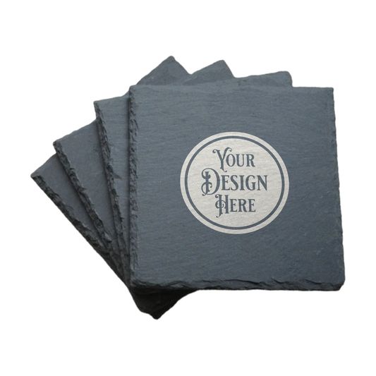 Slate Coasters (Set of 4), laser engraved with a sample Your Design Here seal