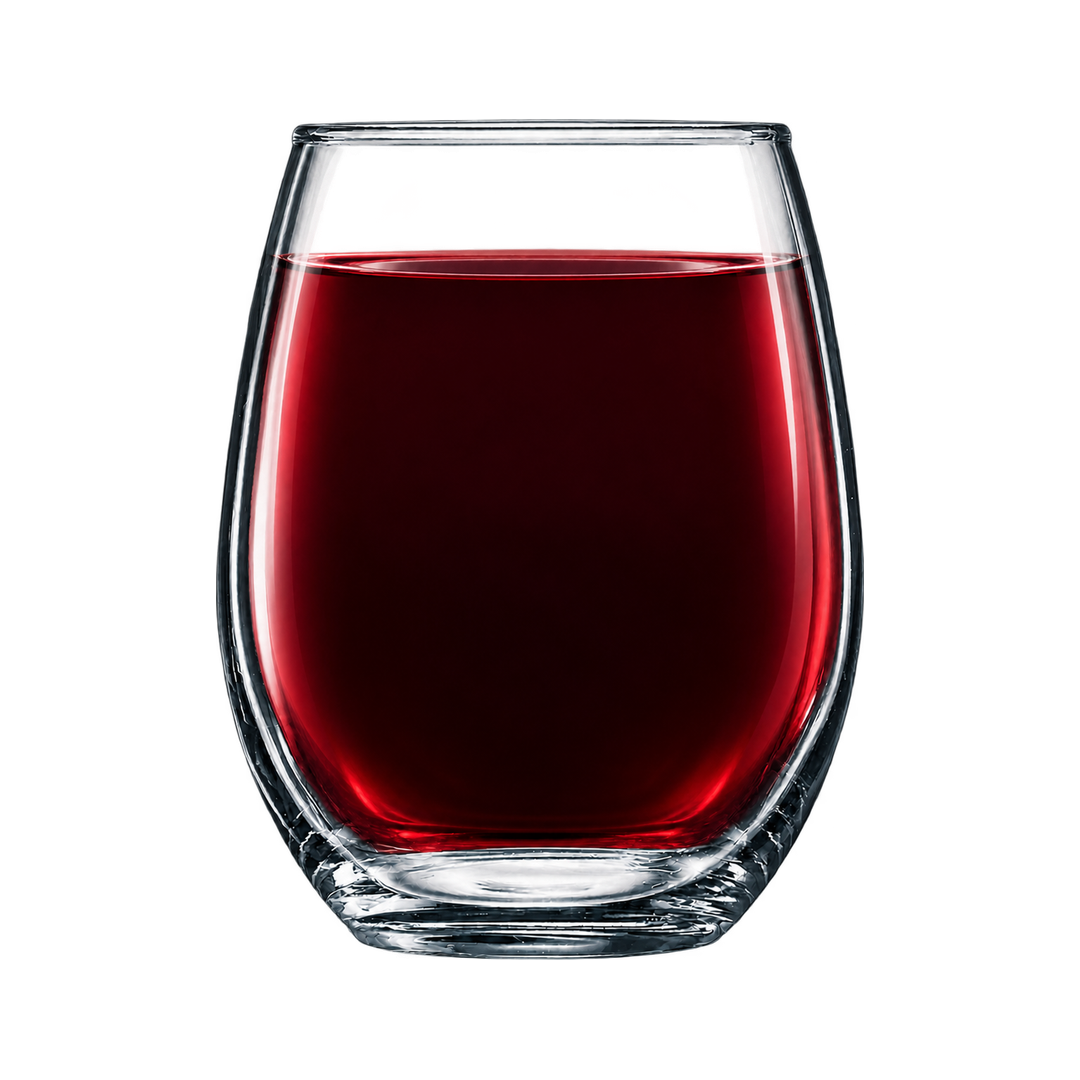 15 oz stemless wine glass with red wine