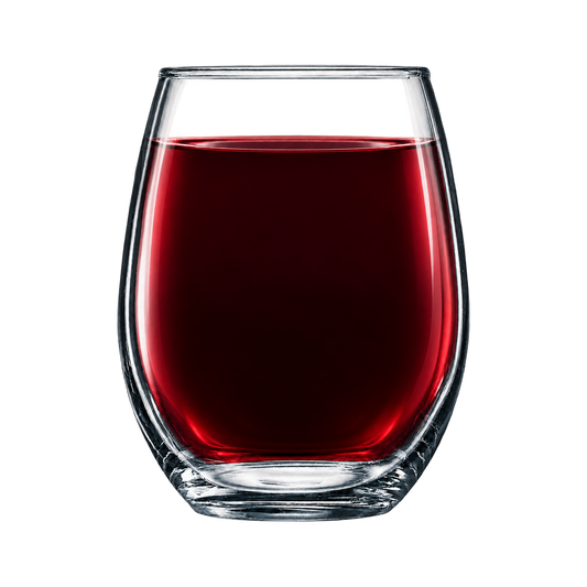 15 oz stemless wine glass with red wine